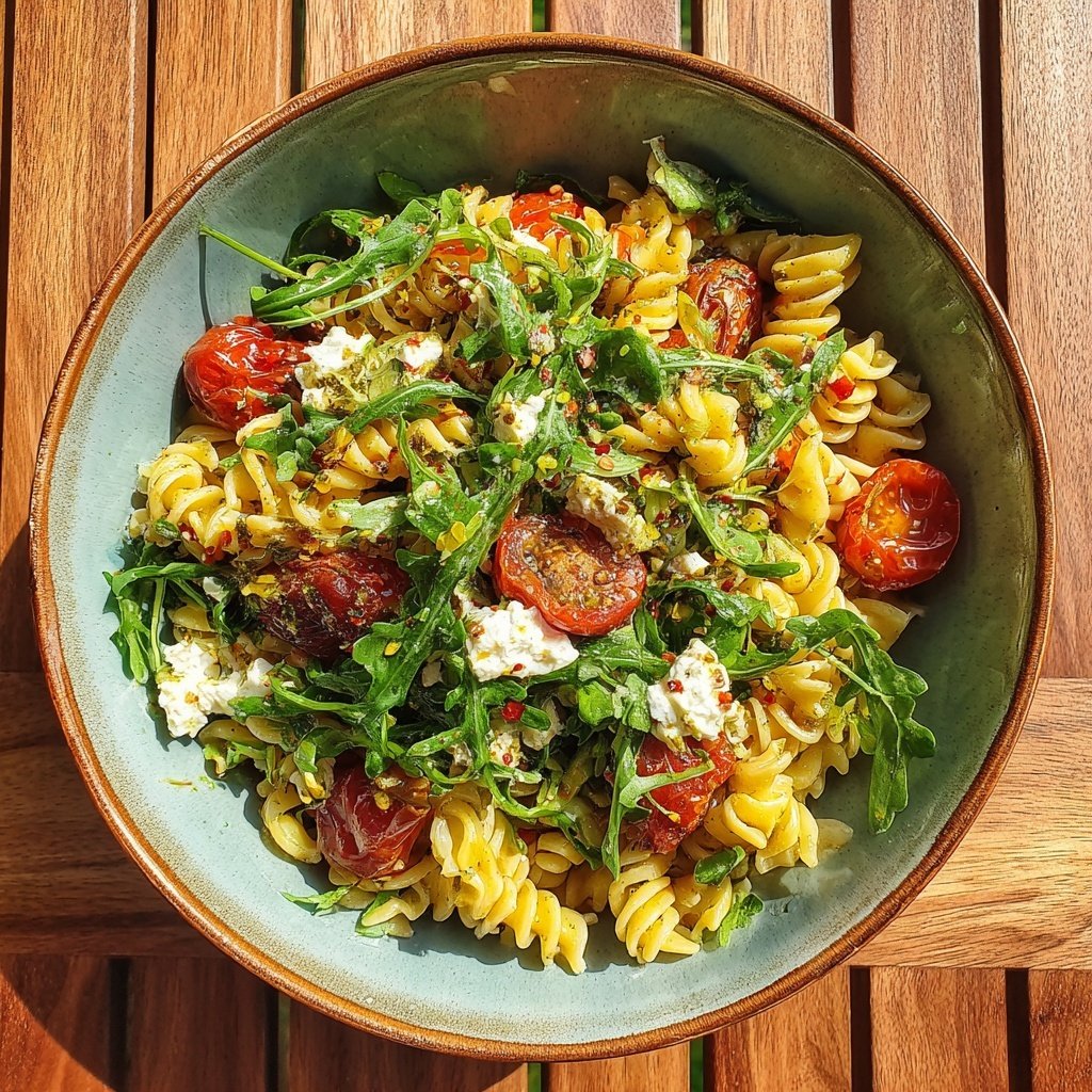 Mediterraner Nudelsalat Mit Rucola Blättern